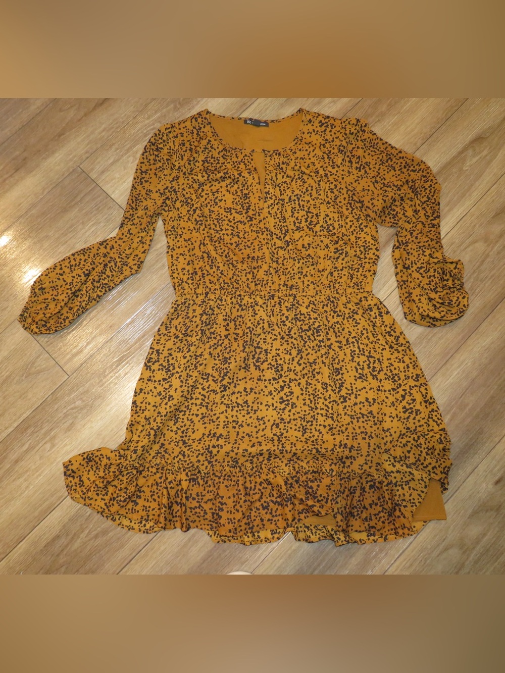 INC International Concepts Mustard Printed Long Sleeve Ruffle Dress